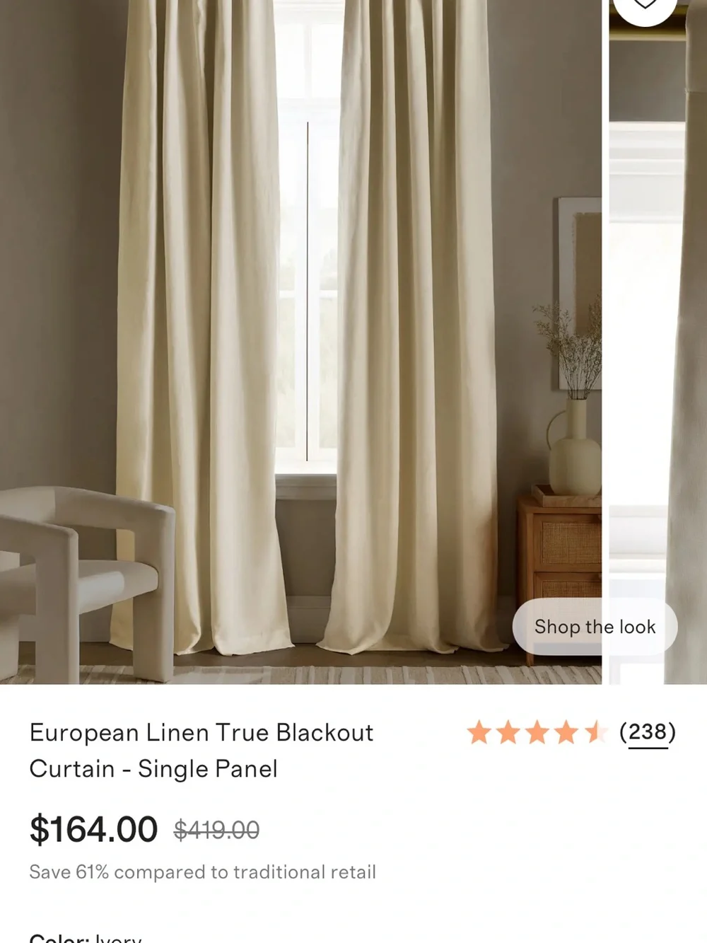Quince! European Linen Blackout Curtain Panel - Ivory Brand new, never used
